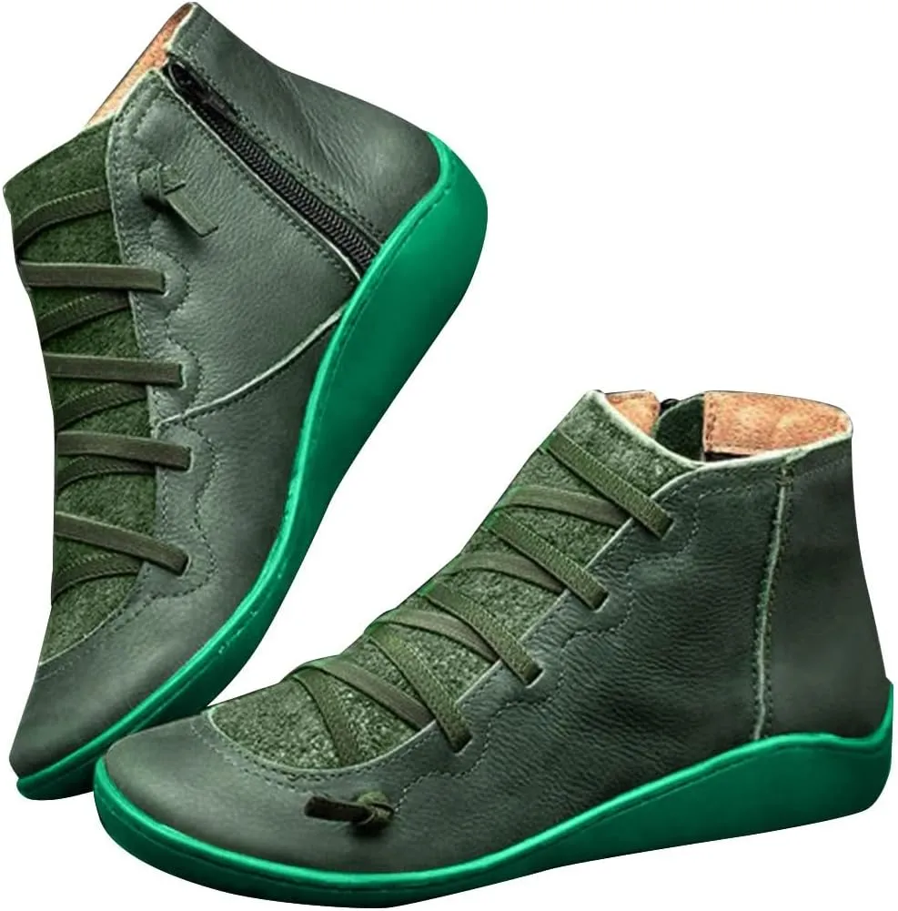 Ankle Boots for Women Low Heel,Womens Winter Leather Booties,Women's Arch Support Ankle Booties Round Toe Flat Bottom Outdoor Shoes Slip On Walking Boot Fashion Lace Up Side Zipper Booties