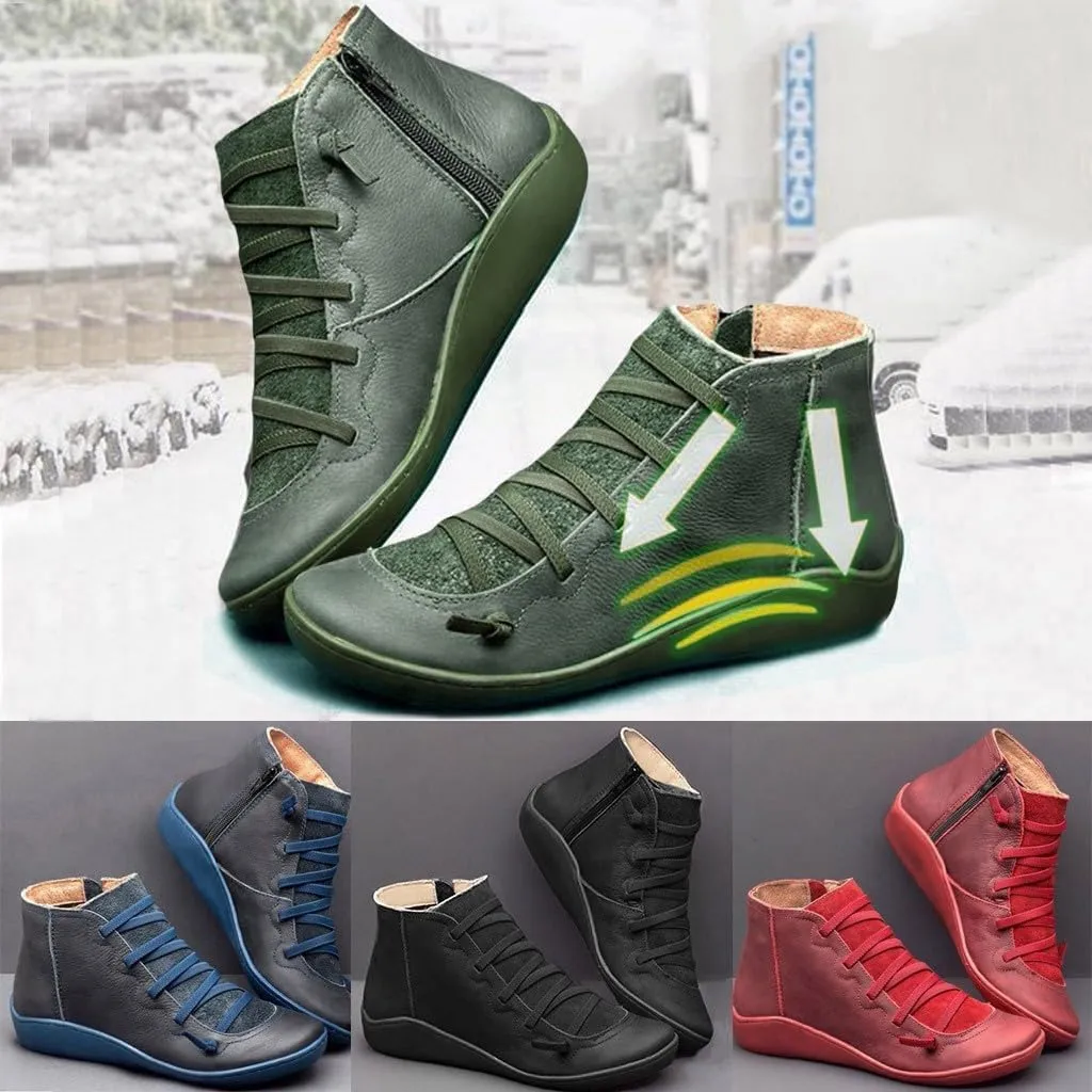 Ankle Boots for Women Low Heel,Womens Winter Leather Booties,Women's Arch Support Ankle Booties Round Toe Flat Bottom Outdoor Shoes Slip On Walking Boot Fashion Lace Up Side Zipper Booties
