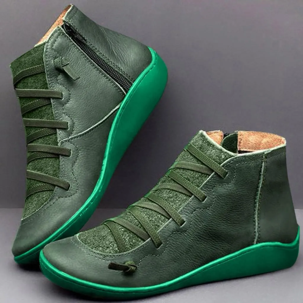 Ankle Boots for Women Low Heel,Womens Winter Leather Booties,Women's Arch Support Ankle Booties Round Toe Flat Bottom Outdoor Shoes Slip On Walking Boot Fashion Lace Up Side Zipper Booties