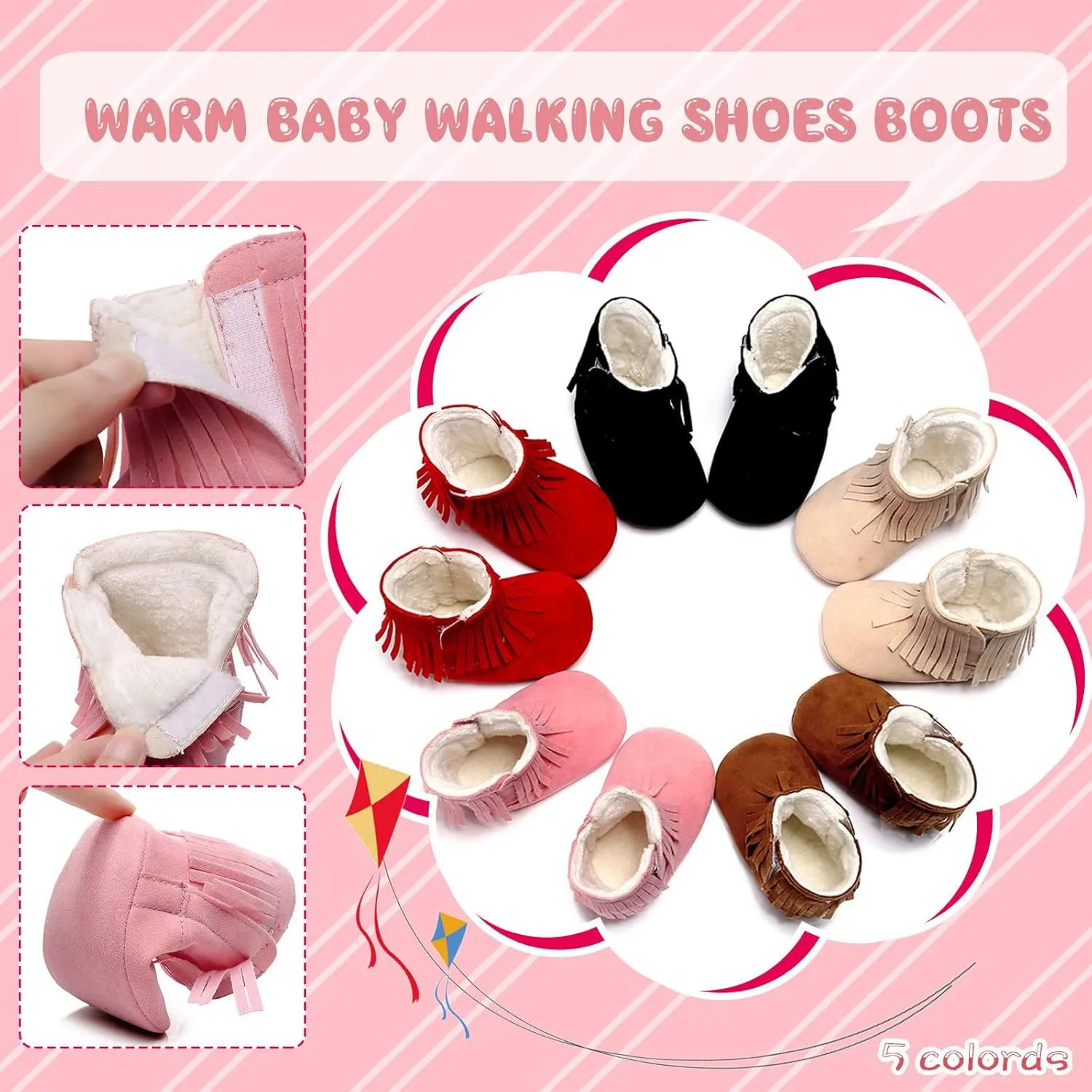 Baby Girls Cowboy Tassel Boots Side Zipper Infant Western Boots Soft Non-Slip Toddler Snow Boots Winter Boots Shoes