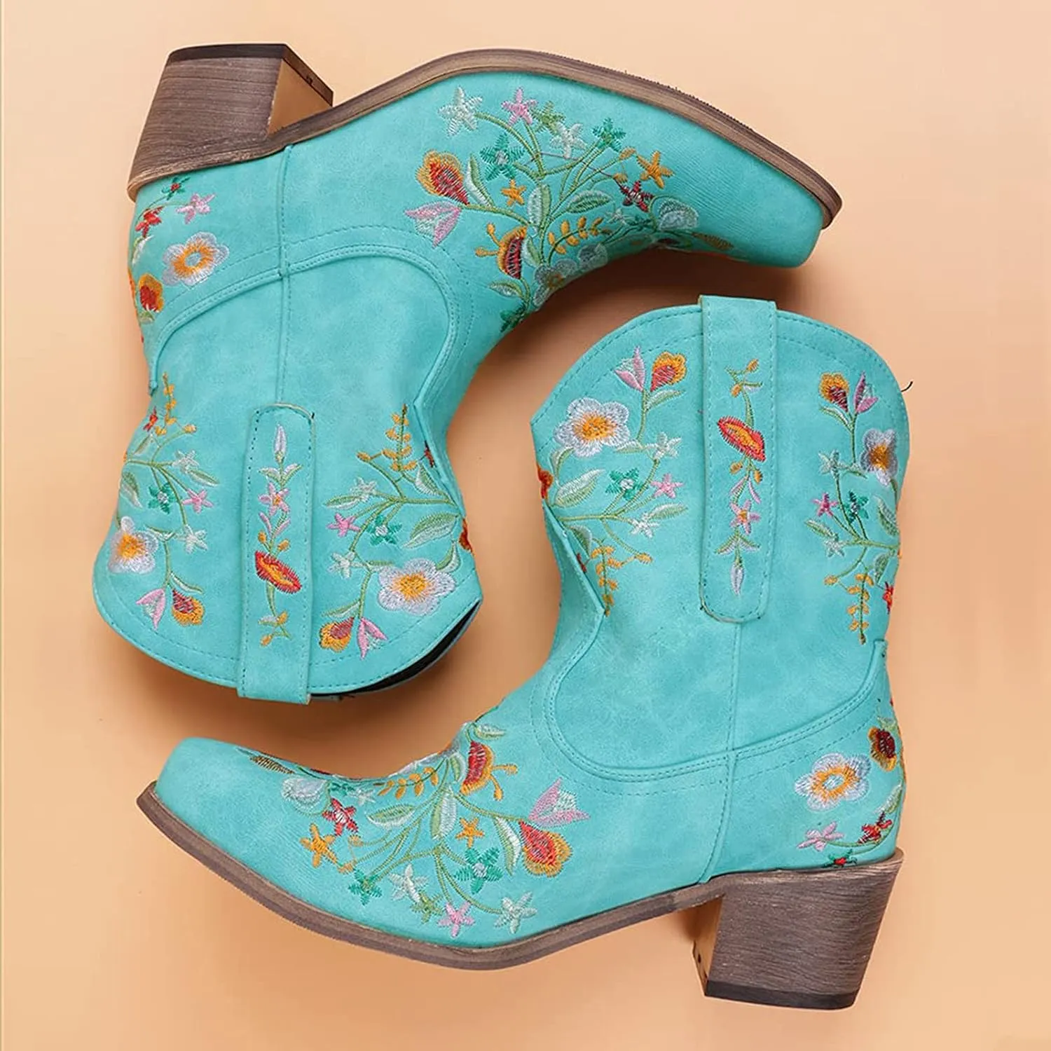 Boots for Women Fashion Embroidered Cowboy Soft Womens Boots PU Leather Short Heel Solid Color Cozy Ankle Boots