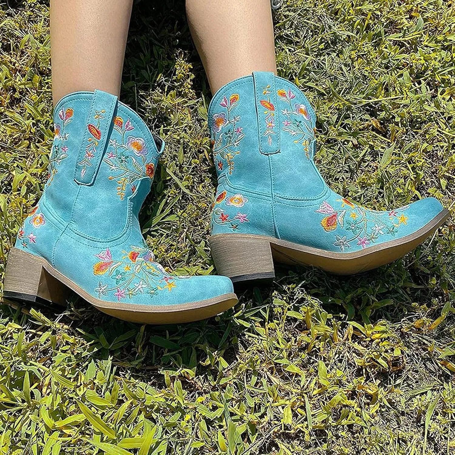 Boots for Women Fashion Embroidered Cowboy Soft Womens Boots PU Leather Short Heel Solid Color Cozy Ankle Boots