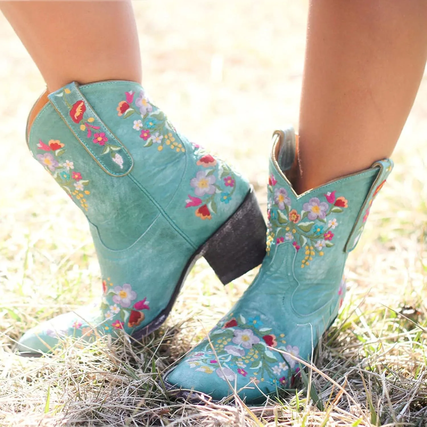 Boots for Women Fashion Embroidered Cowboy Soft Womens Boots PU Leather Short Heel Solid Color Cozy Ankle Boots