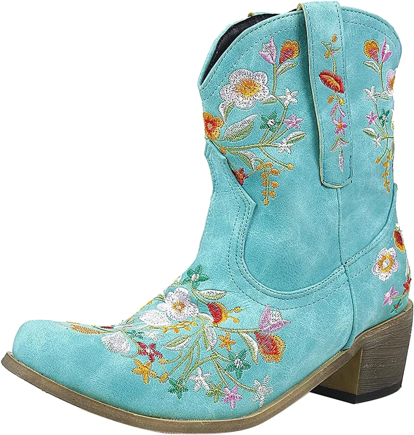Boots for Women Fashion Embroidered Cowboy Soft Womens Boots PU Leather Short Heel Solid Color Cozy Ankle Boots