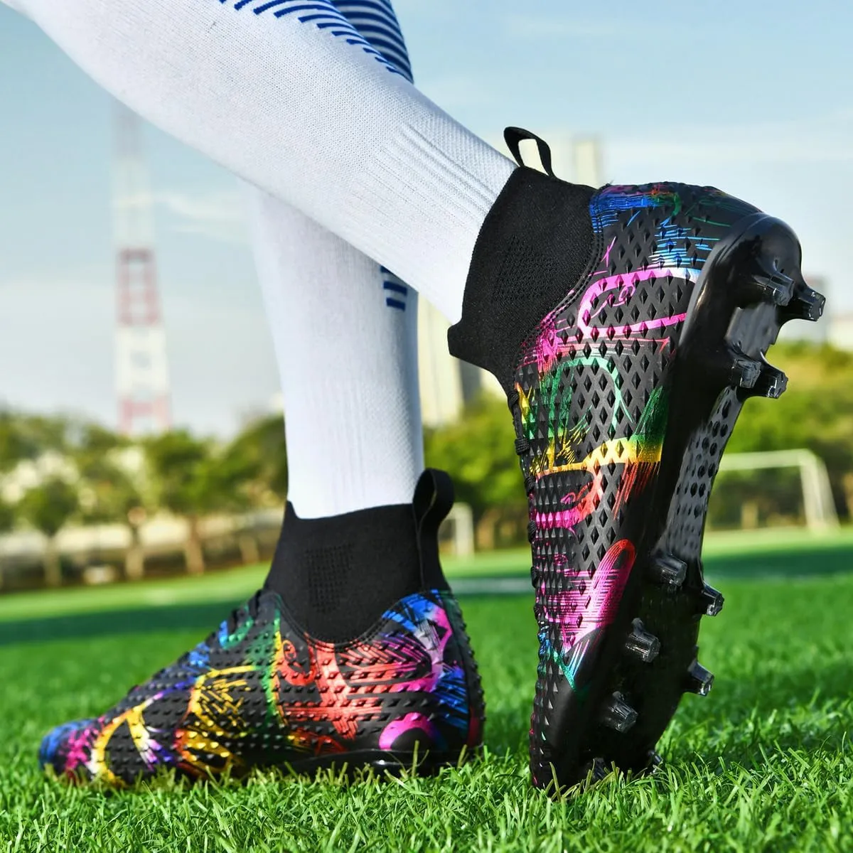 DHOVOR Boys Girls Soccer Cleats High-Top Soccer Shoes for Kids Football Cleats Professional Training Football Sports Shoes