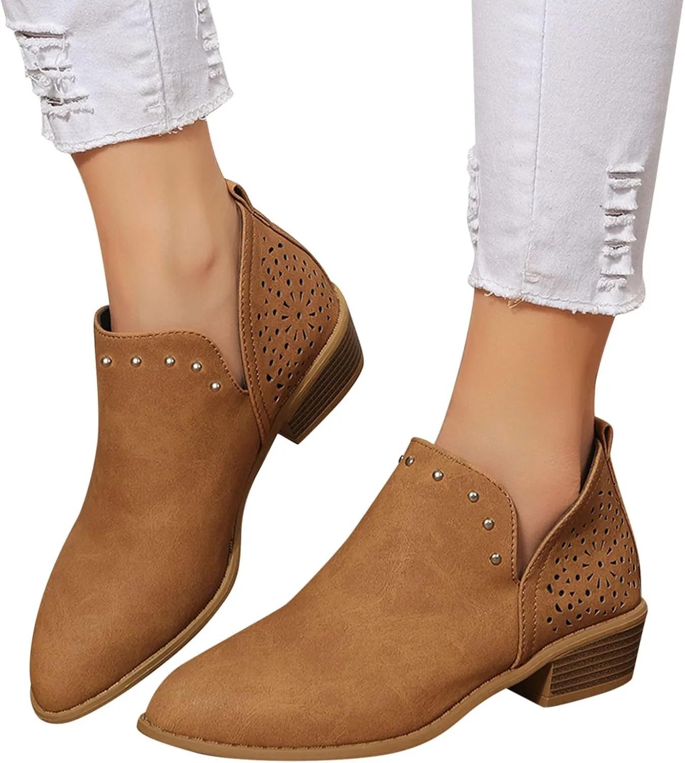 Gibobby Boots for Women Low Heel,Retro V-Cutout Short Warm Boots Closed Toe Low Heel Combat Western Shoes