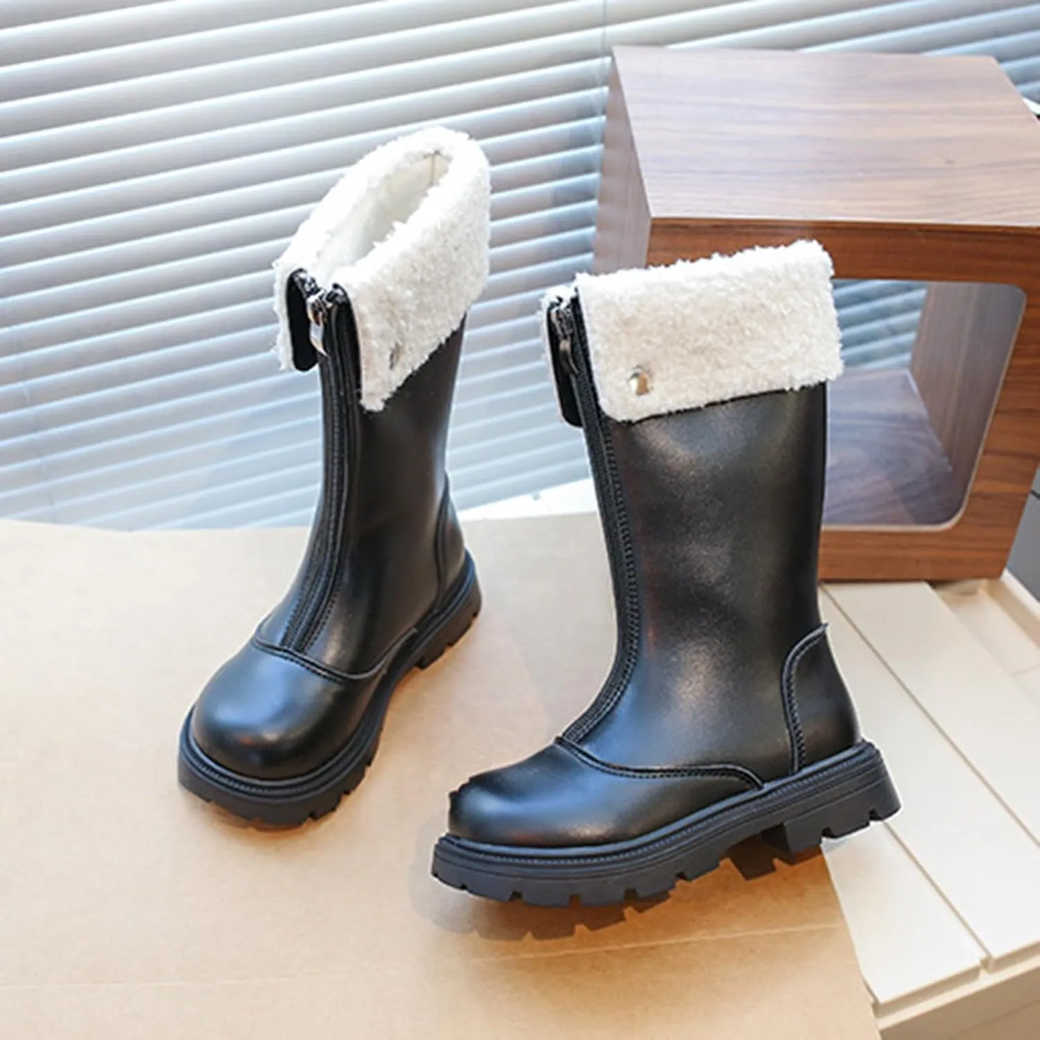Girls Kids Leather aterproof Boots Long Zipper Fuzzy Snow Shoes Outdoor Warm Thick Rubber Booties Comfy Sole Non Slip