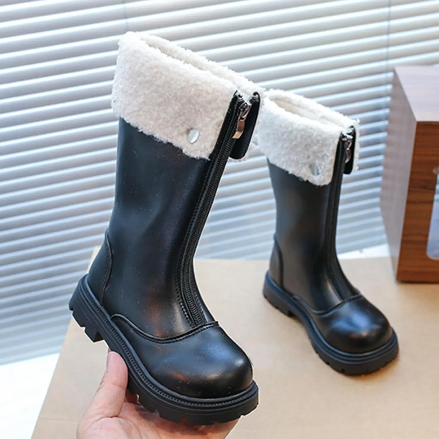 Girls Kids Leather aterproof Boots Long Zipper Fuzzy Snow Shoes Outdoor Warm Thick Rubber Booties Comfy Sole Non Slip