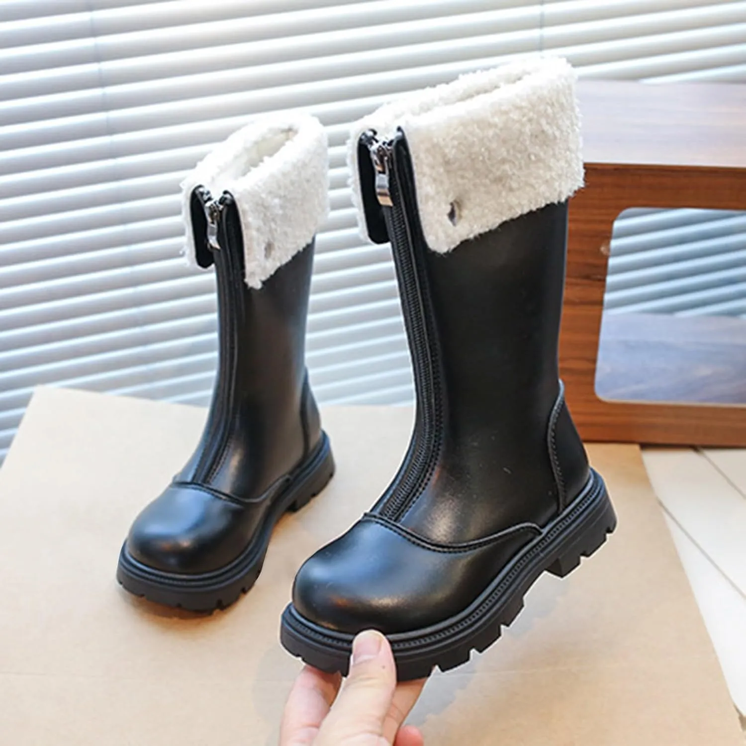 Girls Kids Leather aterproof Boots Long Zipper Fuzzy Snow Shoes Outdoor Warm Thick Rubber Booties Comfy Sole Non Slip