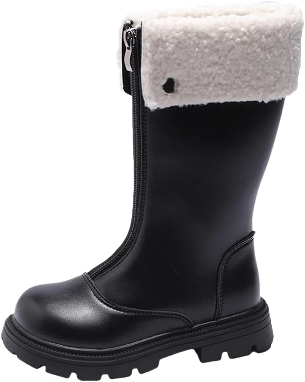 Girls Kids Leather aterproof Boots Long Zipper Fuzzy Snow Shoes Outdoor Warm Thick Rubber Booties Comfy Sole Non Slip