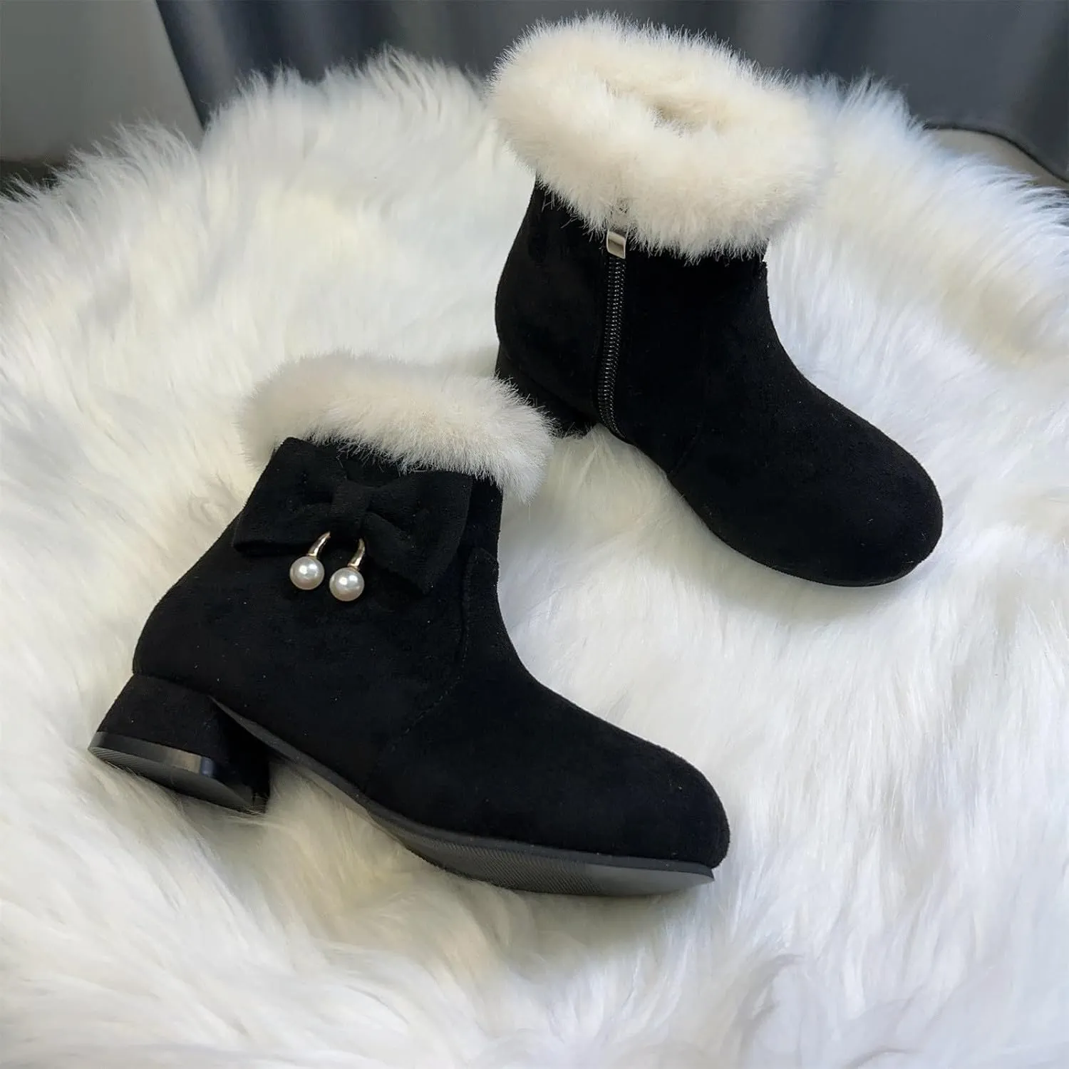 Girls Kids ??ow Heel Fuzzy Booties Bow Cotton Warm Shoes Boots Little Kid Thick Winter Dress Dance Ankle Shoes Comfy