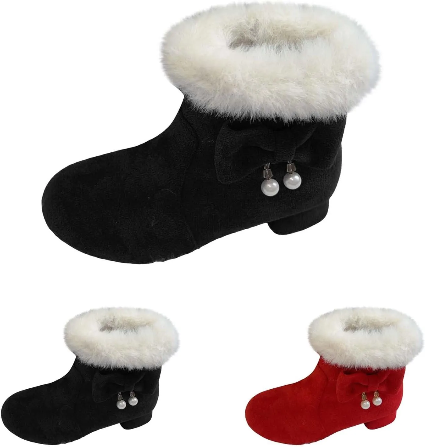 Girls Kids ??ow Heel Fuzzy Booties Bow Cotton Warm Shoes Boots Little Kid Thick Winter Dress Dance Ankle Shoes Comfy