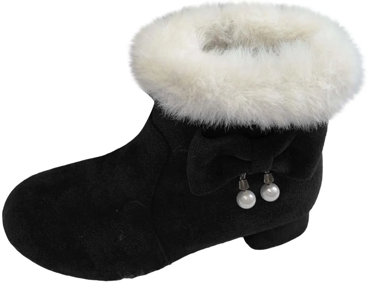 Girls Kids ??ow Heel Fuzzy Booties Bow Cotton Warm Shoes Boots Little Kid Thick Winter Dress Dance Ankle Shoes Comfy