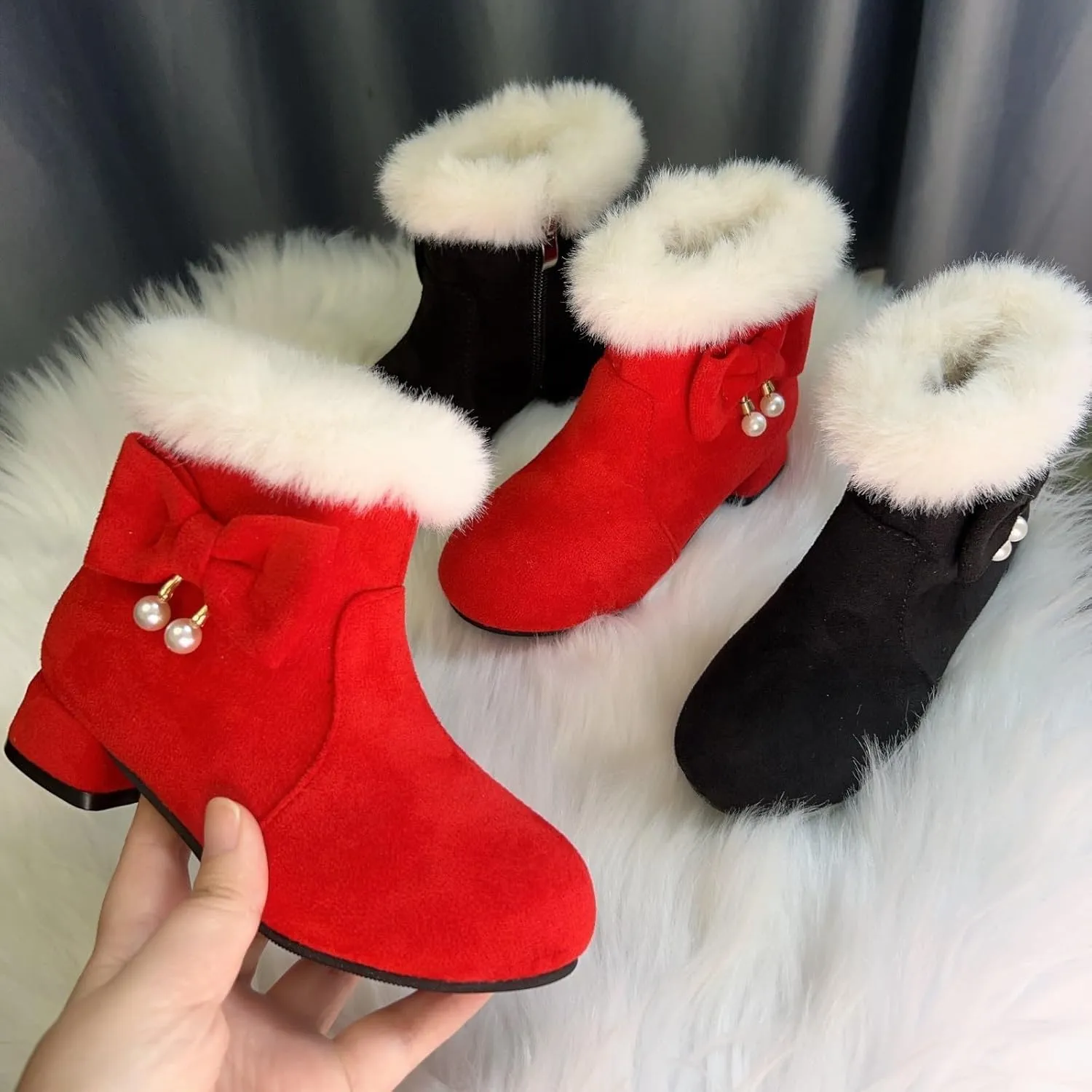 Girls Kids ??ow Heel Fuzzy Booties Bow Cotton Warm Shoes Boots Little Kid Thick Winter Dress Dance Ankle Shoes Comfy