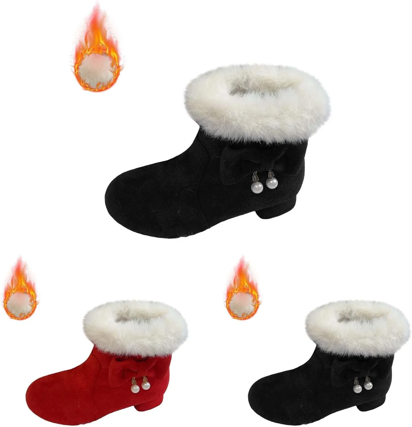 Girls Kids ??ow Heel Fuzzy Booties Bow Cotton Warm Shoes Boots Little Kid Thick Winter Dress Dance Ankle Shoes Comfy