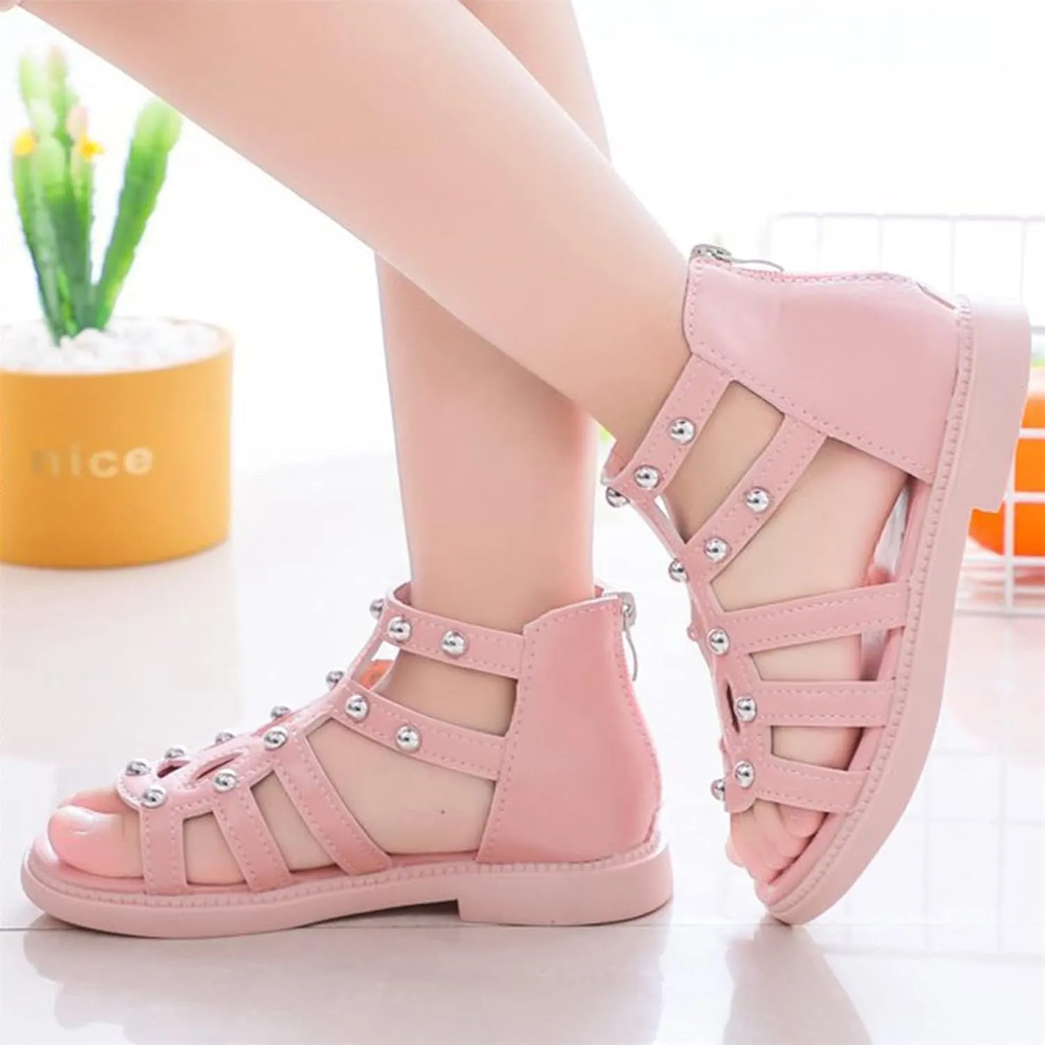 Girls Kids Short Gldiator Sandals Shoes Ankle Rubber Leather Non Slip Shoes Baby Toddler Side Zipper Summer Casual