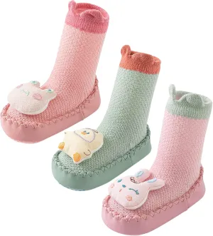 Happy Cherry 3 Pairs Baby Cotton Shoes Socks Anti-slip Cartoon Socks Toddlers Animal Indoor Slipper Summer Shoes Socks