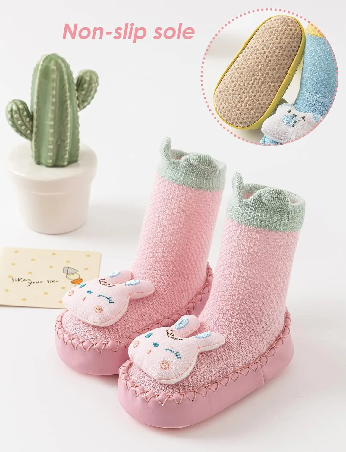 Happy Cherry 3 Pairs Baby Cotton Shoes Socks Anti-slip Cartoon Socks Toddlers Animal Indoor Slipper Summer Shoes Socks