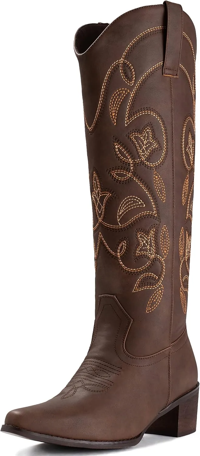 IUV Cowboy Boots For Women Pointy Toe Women's Western Boots Cowgirl Boots Mid Calf Boots