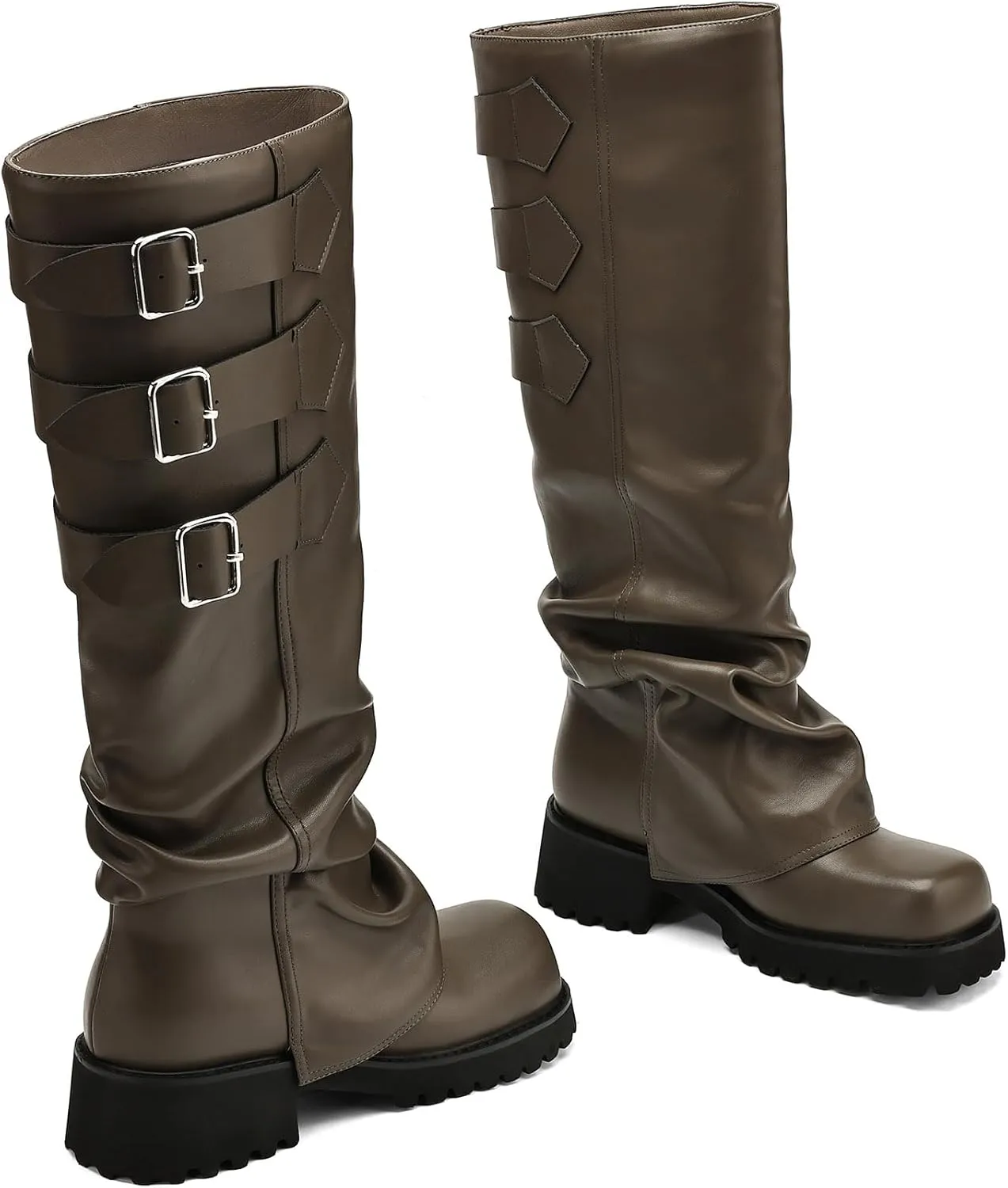 Knee High Boots for Women Fold Over Boots Slouchy Square Toe Biker Boots Platform Riding Boots Gothic Moto Buckle Boots