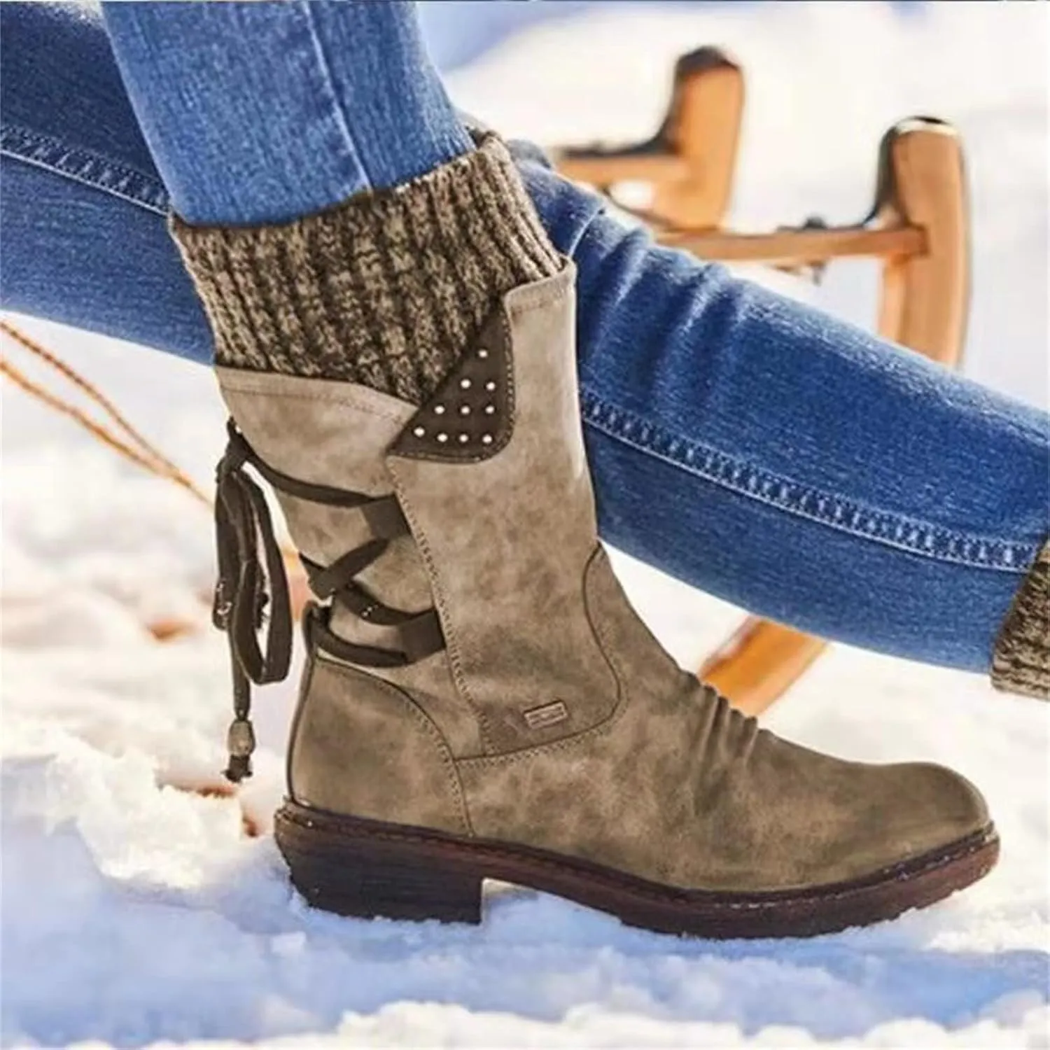 Ladmiple Boots For Women Ankle Booties Low Heel Mid Calf Combat Riding Fashion Winter Motorcycle Military Biker Boots