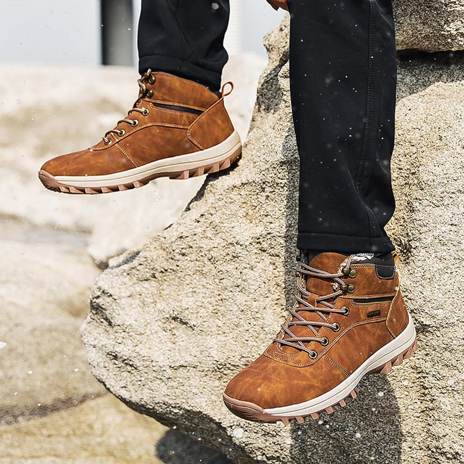 Mens Snow Boots Waterproof Warm Furry Lined Winter Boots Lace Up Sneakers Cold Weather Anti-Slip Ankle Boots Comfortable Slip on Hiking Walking Shoes Sneakers