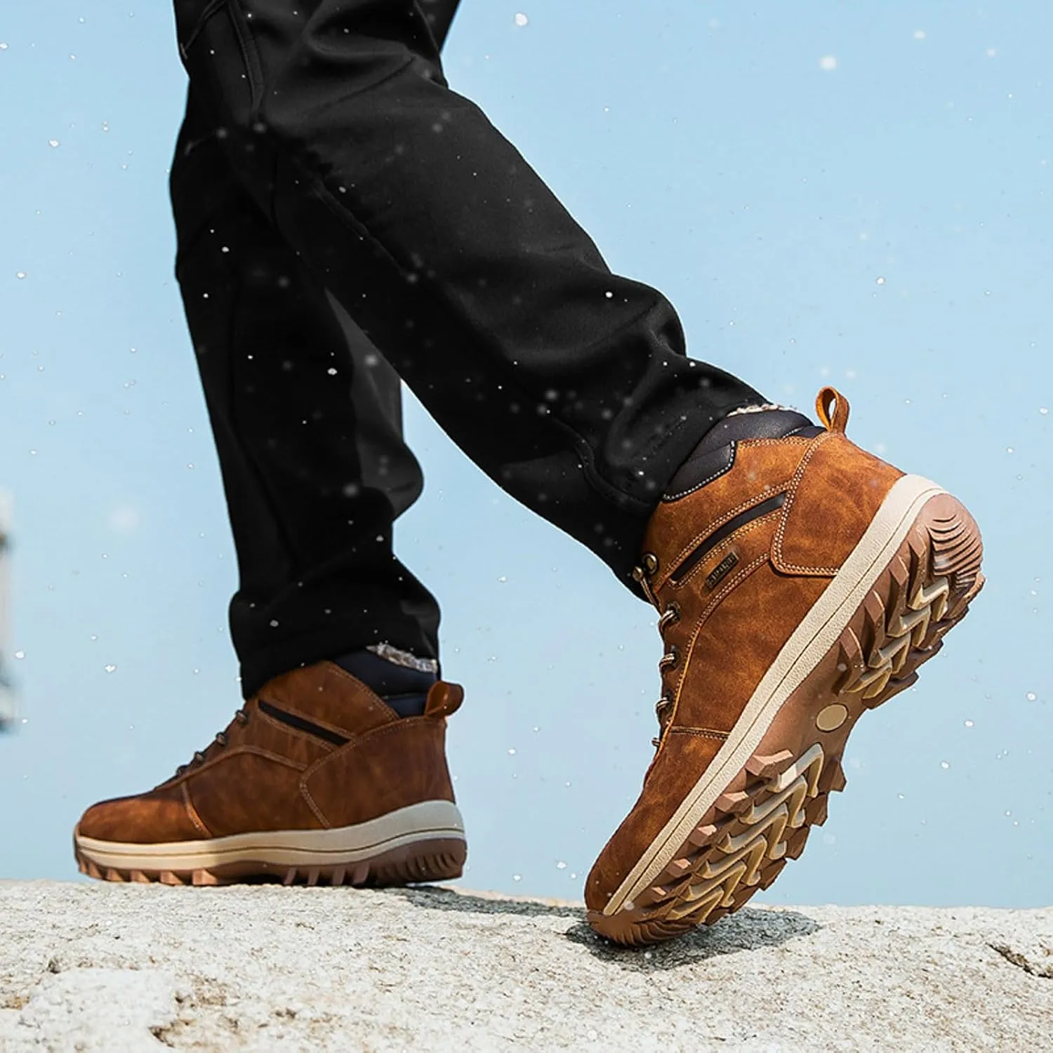 Mens Snow Boots Waterproof Warm Furry Lined Winter Boots Lace Up Sneakers Cold Weather Anti-Slip Ankle Boots Comfortable Slip on Hiking Walking Shoes Sneakers