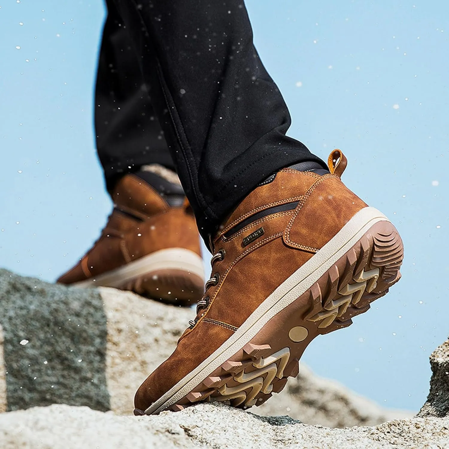 Mens Snow Boots Waterproof Warm Furry Lined Winter Boots Lace Up Sneakers Cold Weather Anti-Slip Ankle Boots Comfortable Slip on Hiking Walking Shoes Sneakers