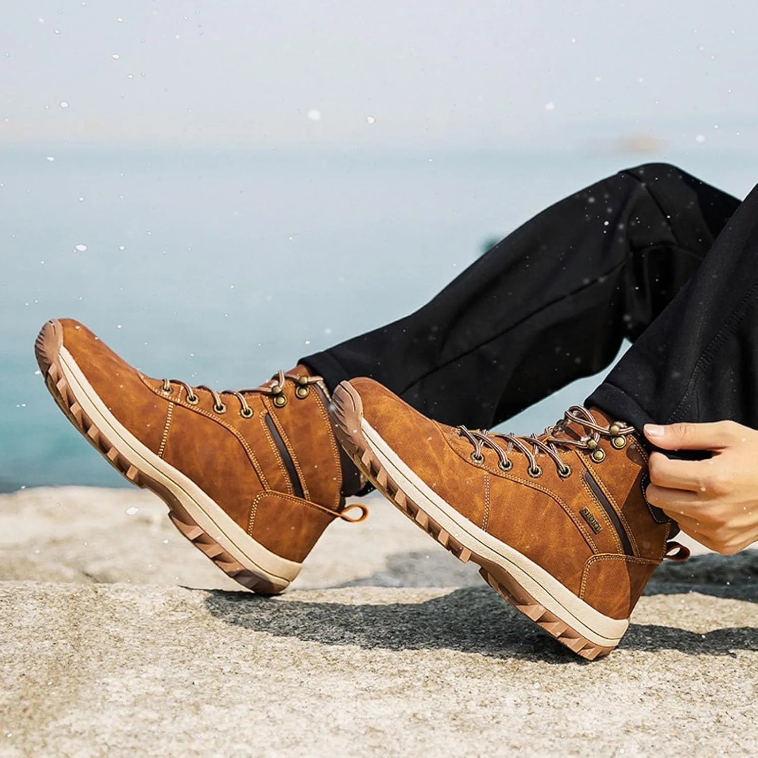 Mens Snow Boots Waterproof Warm Furry Lined Winter Boots Lace Up Sneakers Cold Weather Anti-Slip Ankle Boots Comfortable Slip on Hiking Walking Shoes Sneakers