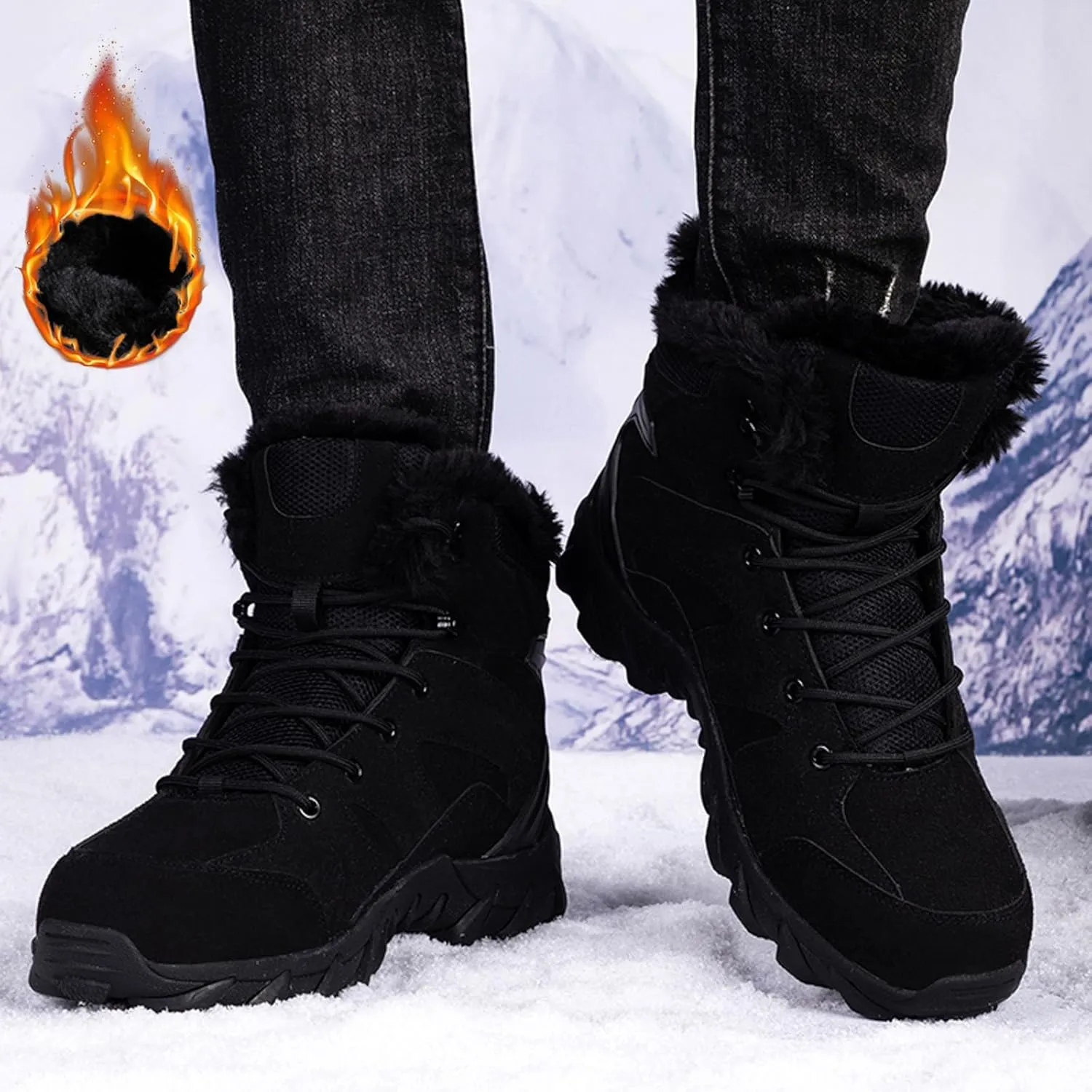 Mens Snow Boots Waterproof Winter Boots Lace Up Non Slip Warm Fur Booties Winter Casual Slip on Ankle Boots Thickening Winter Shoes Walking Hiking Boots