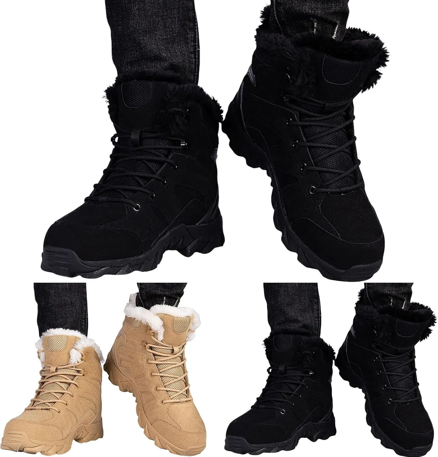 Mens Snow Boots Waterproof Winter Boots Lace Up Non Slip Warm Fur Booties Winter Casual Slip on Ankle Boots Thickening Winter Shoes Walking Hiking Boots