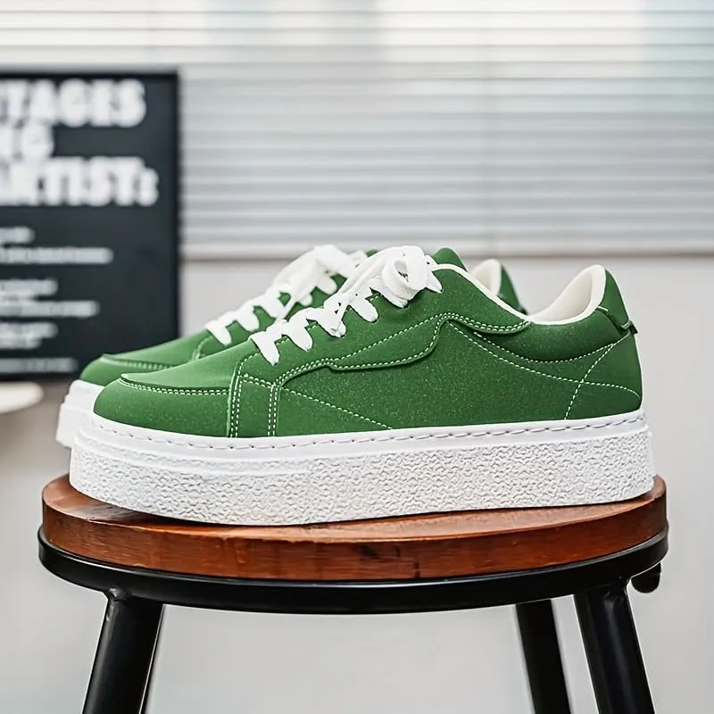 [Minimalist Design] Men's Trendy Green Skate Sneakers - Casual Low-Top Lace-Up Shoes with White Stripe, Comfortable PU Upper & Durable PVC Sole for Casual Attire