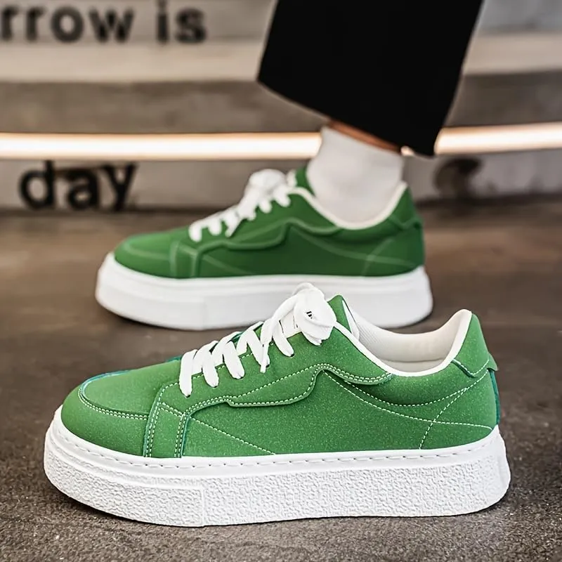 [Minimalist Design] Men's Trendy Green Skate Sneakers - Casual Low-Top Lace-Up Shoes with White Stripe, Comfortable PU Upper & Durable PVC Sole for Casual Attire