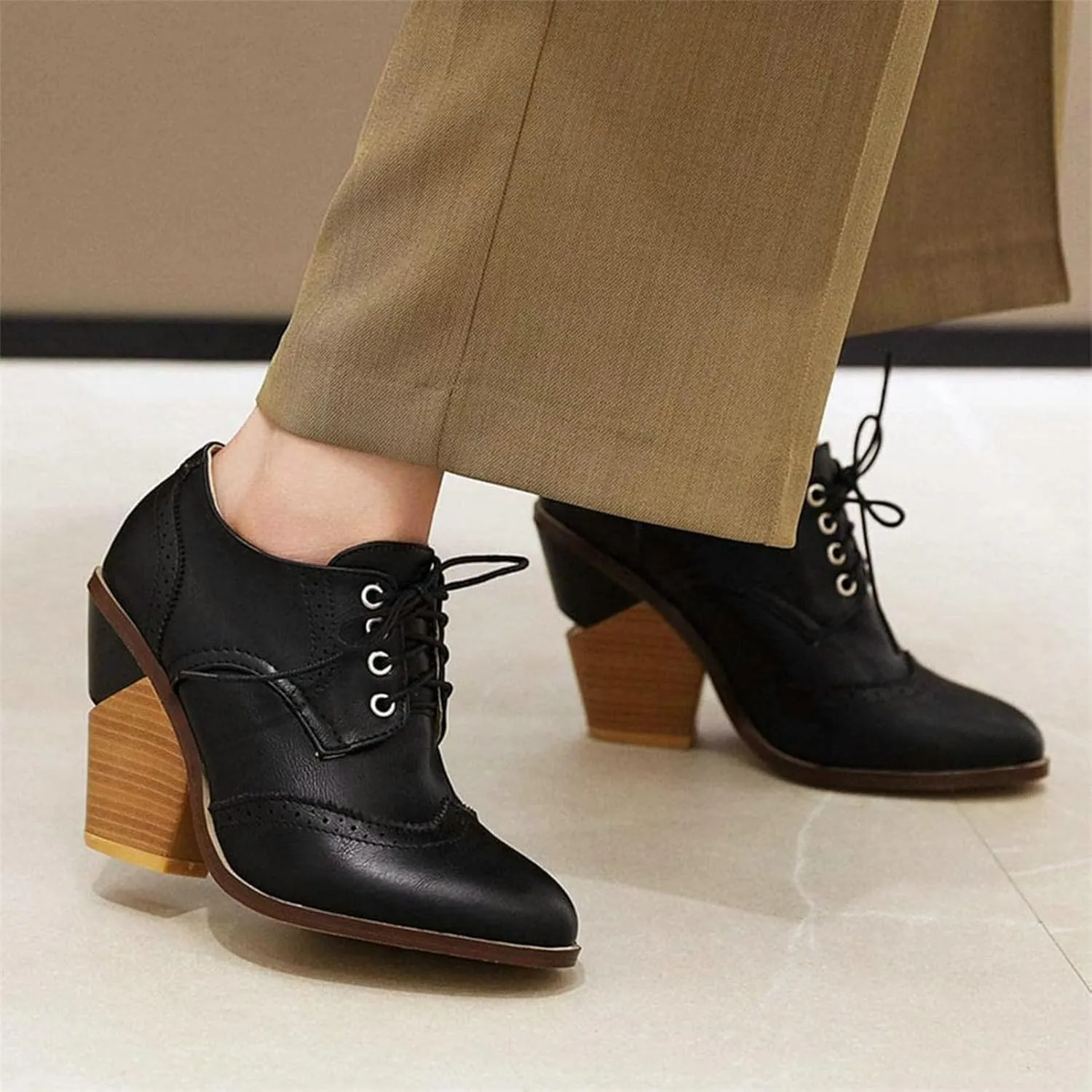 SACFOF Women's Chunky Mid Heel Wingtip Oxfords Round Toe Lace Up Block Heels Vintage Dress Pumps Shoes