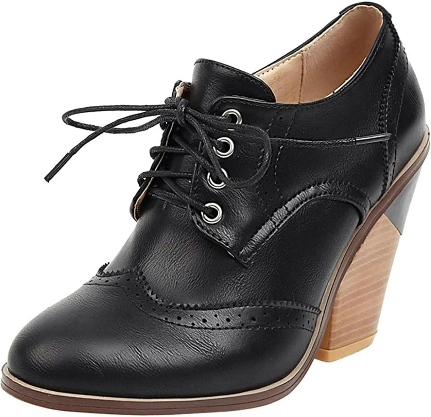 SACFOF Women's Chunky Mid Heel Wingtip Oxfords Round Toe Lace Up Block Heels Vintage Dress Pumps Shoes