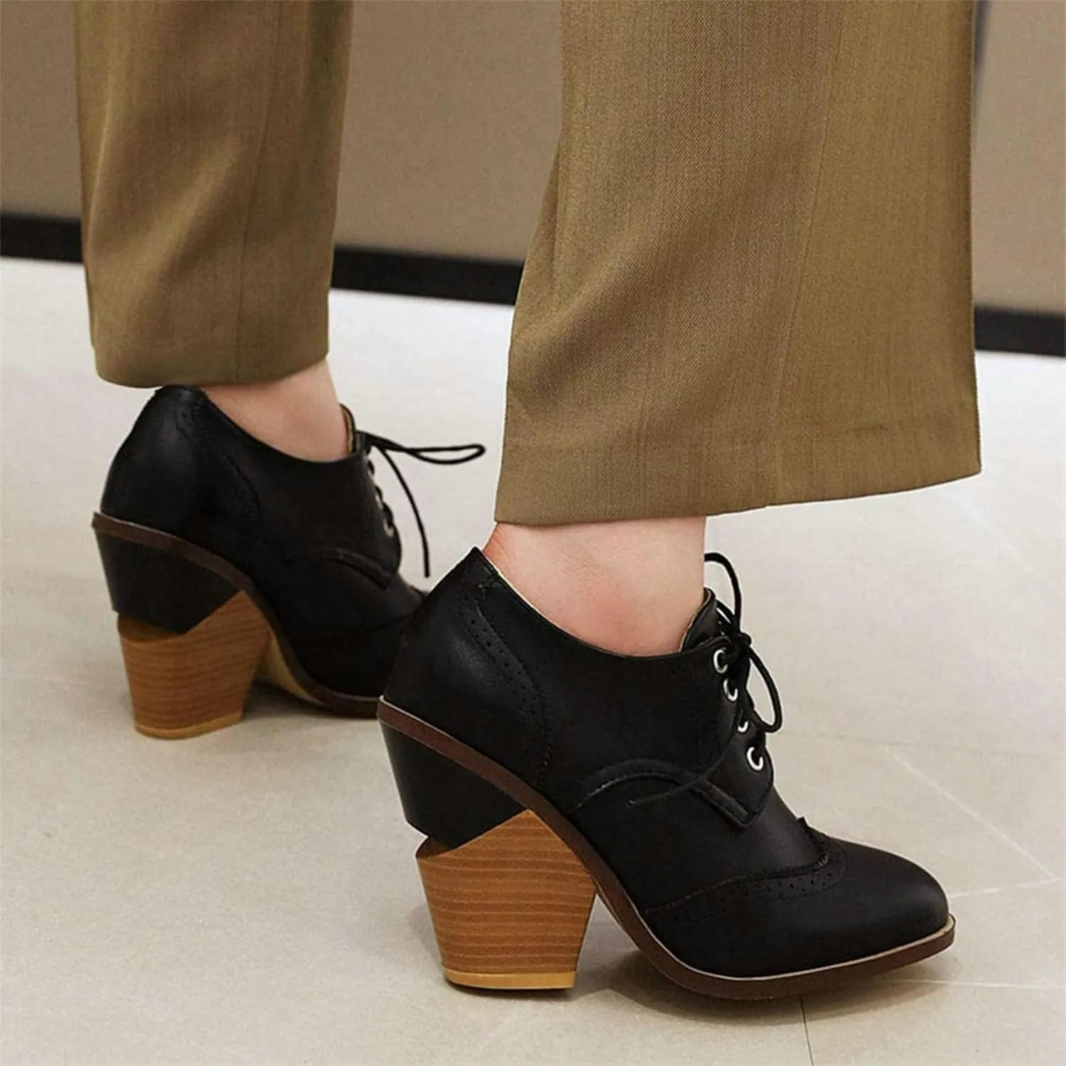SACFOF Women's Chunky Mid Heel Wingtip Oxfords Round Toe Lace Up Block Heels Vintage Dress Pumps Shoes