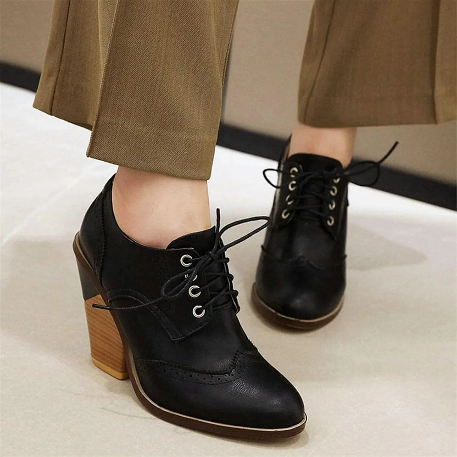 SACFOF Women's Chunky Mid Heel Wingtip Oxfords Round Toe Lace Up Block Heels Vintage Dress Pumps Shoes