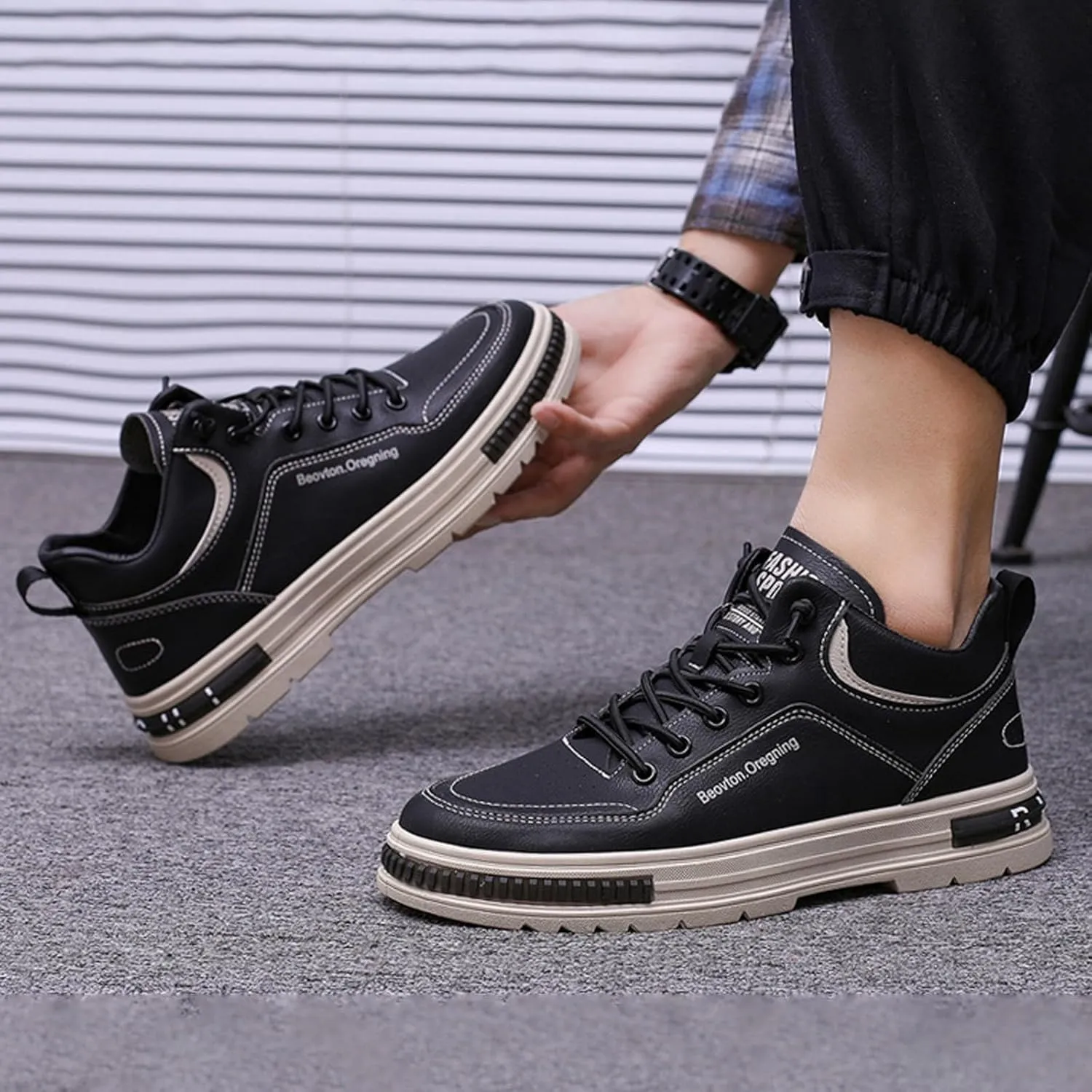 Slip on Walking Shoes Men Comfortable PU Leather Memory Foam Breathable Fashion Sneakers Non Slip Arch Support Cushioning Training Gym Shoes Wide Width