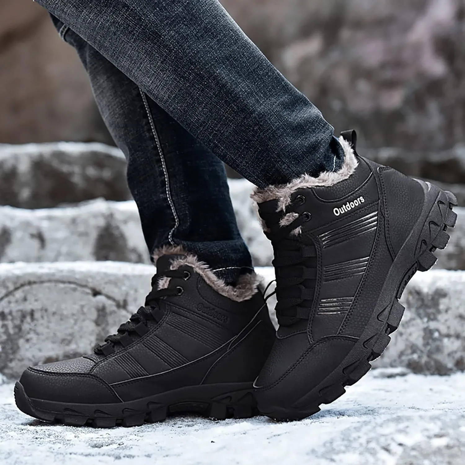 Snow Boots for Men Warm Furry Lined Footwear Waterproof Outdoor Lightweight Winter Boots Non-slip Lace Up Ankle Boots for Cold Weather Hiking Boot Trekking Boots