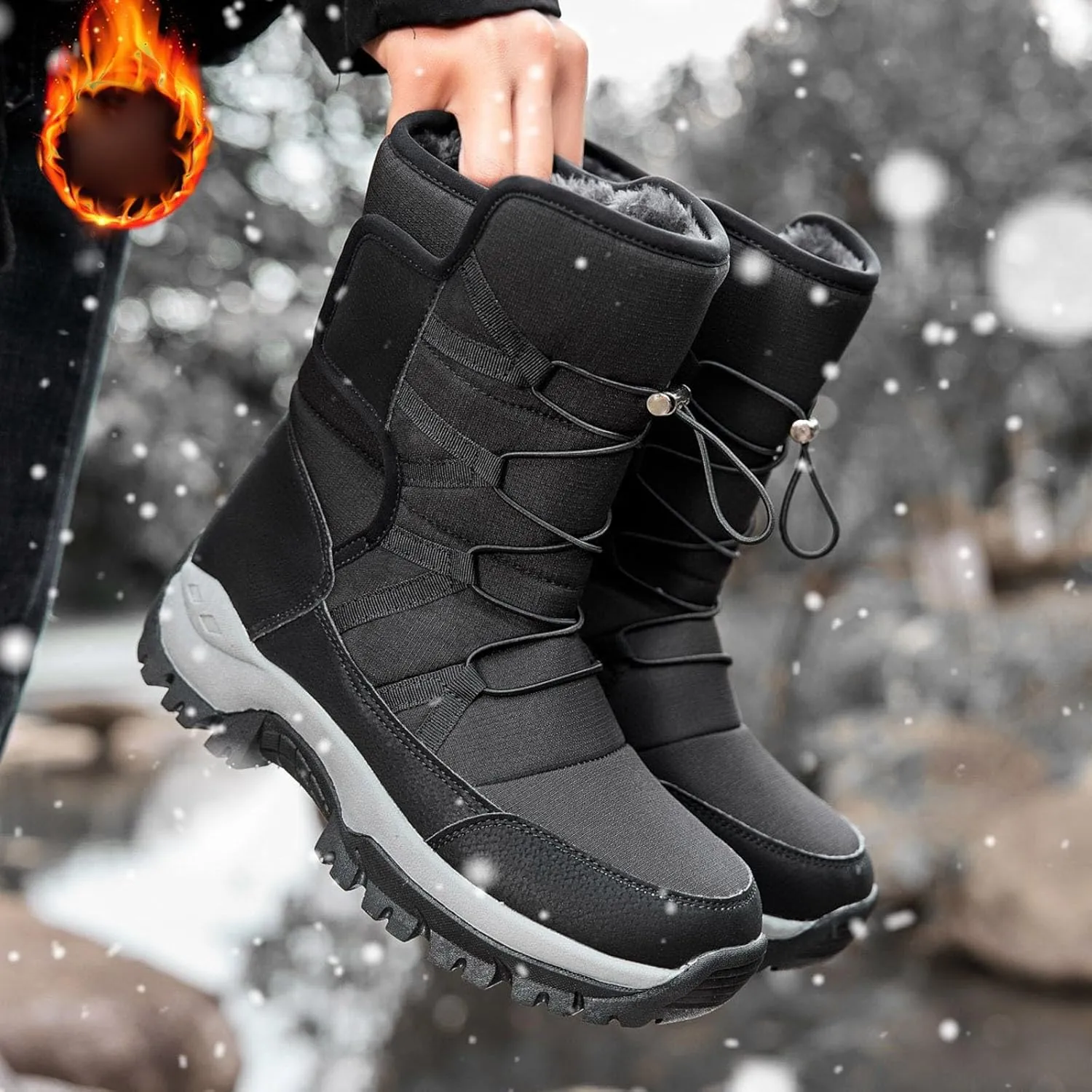 Snow Boots for Men Warm Furry Lined Footwear Waterproof Outdoor Lightweight Winter Boots Slip on Ankle Booties Non-slip Climbing Shoes Hiking Boots