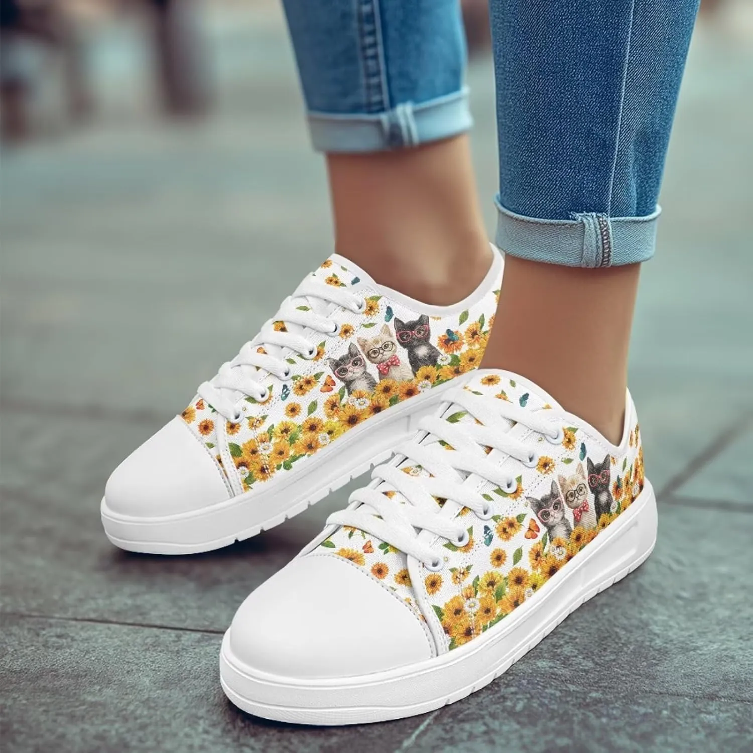 Sunflower Animal Print Women Casual Canvas Slip-On Sneaker Classic Low Top Shoes Lace-Up Platform Tennis Shoes