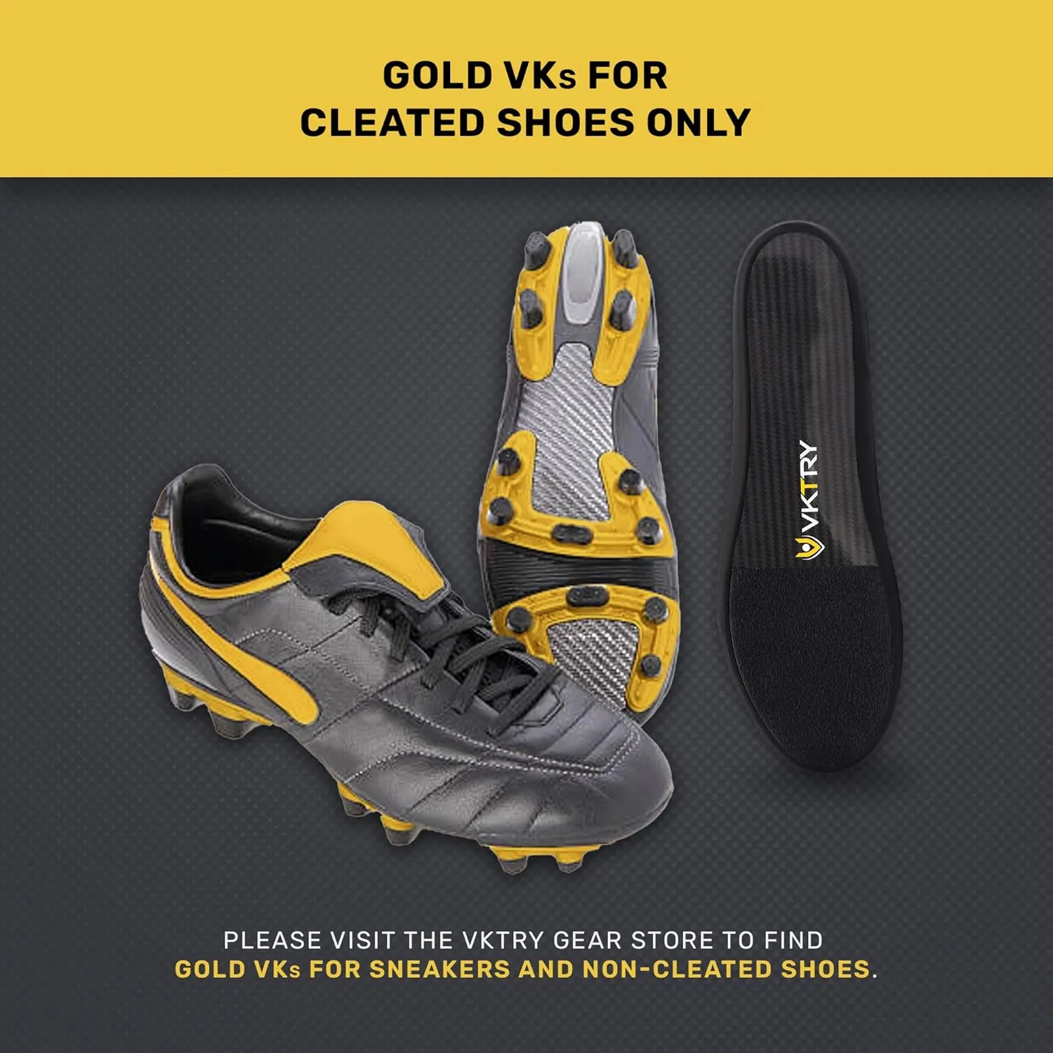 VKTRY Gold Performance InsolesCustomized Carbon Fiber Inserts, Cleated ShoesFootball, Baseball, Softball, Lacrosse, Golf & MoreRun Faster, Jump Higher, Recover Quicker, Protect Against Injury