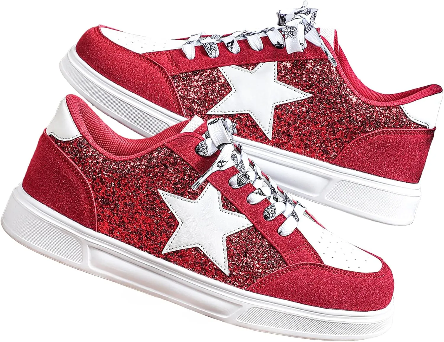Women's Y2K Star Glitter Chunky Skate Shoes Retro Platform Sneakers, Shiny Outdoor Casual Shoes for Streetwear (Red,8)